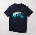 Ballistic Trajectory funny mountain bike t-shirt in Navy — Ballistic Trajectory lettering shaped like a jump with a small rider flying off the top