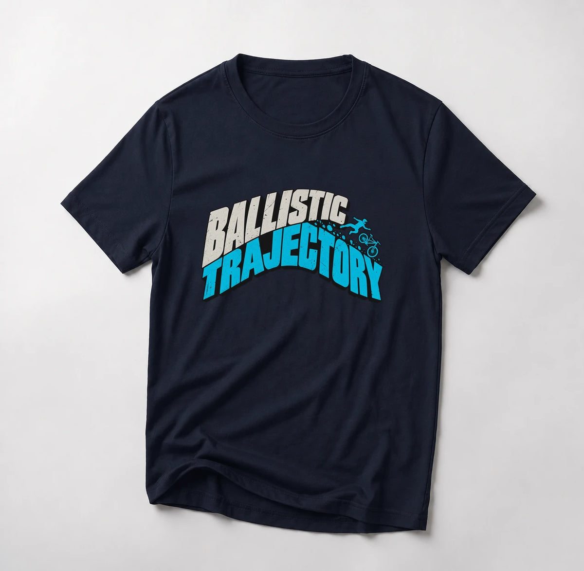 Ballistic Trajectory funny mountain bike t-shirt in Navy — Ballistic Trajectory lettering shaped like a jump with a small rider flying off the top
