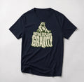 Nature Explains Gravity funny mountain bike t-shirt in Navy — bear sitting on top of sagging Gravity letters under Nature Explains text