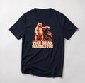 The Bear Warned You funny mountain bike t-shirt in Navy — standing bear pointing at a mountain biker going over the bars above The Bear Warned You