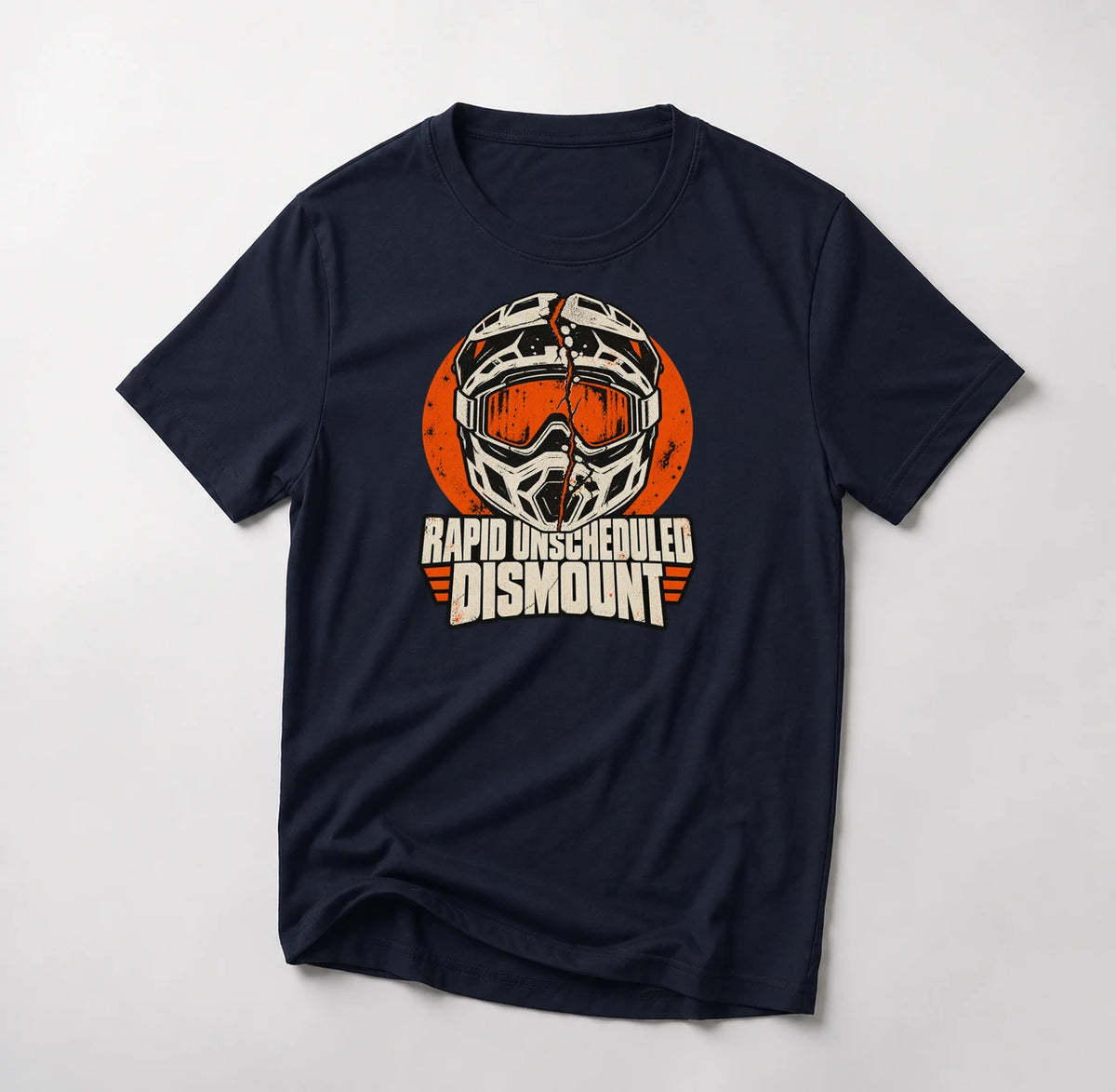 Rapid Unscheduled Dismount funny mountain bike t-shirt in Navy — cracked full-face mountain bike helmet on an orange circle above Rapid Unscheduled Dismount