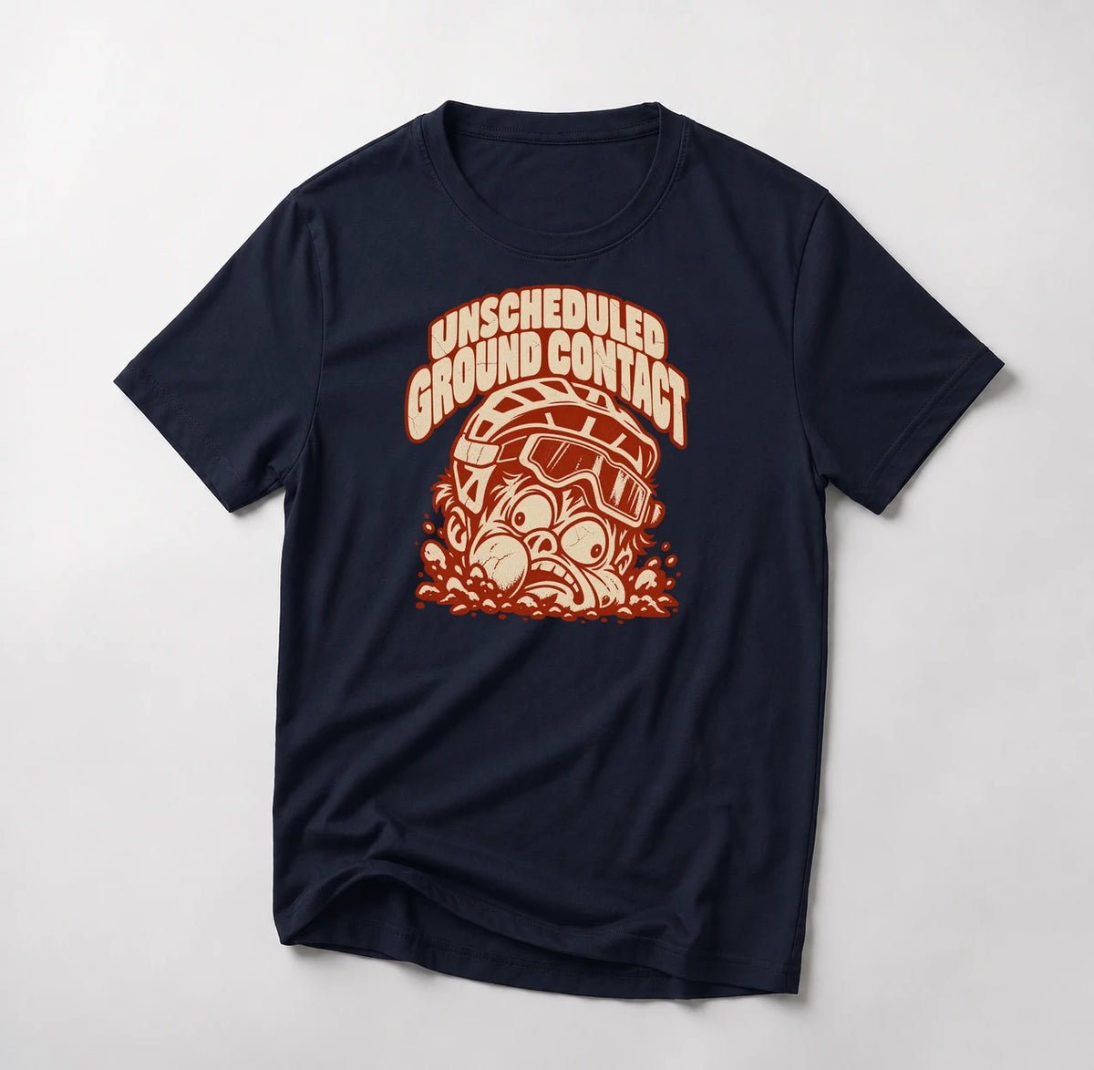 Unscheduled Ground Contact funny mountain bike t-shirt in Navy — mountain biker face planted in the dirt with goggles under Unscheduled Ground Contact