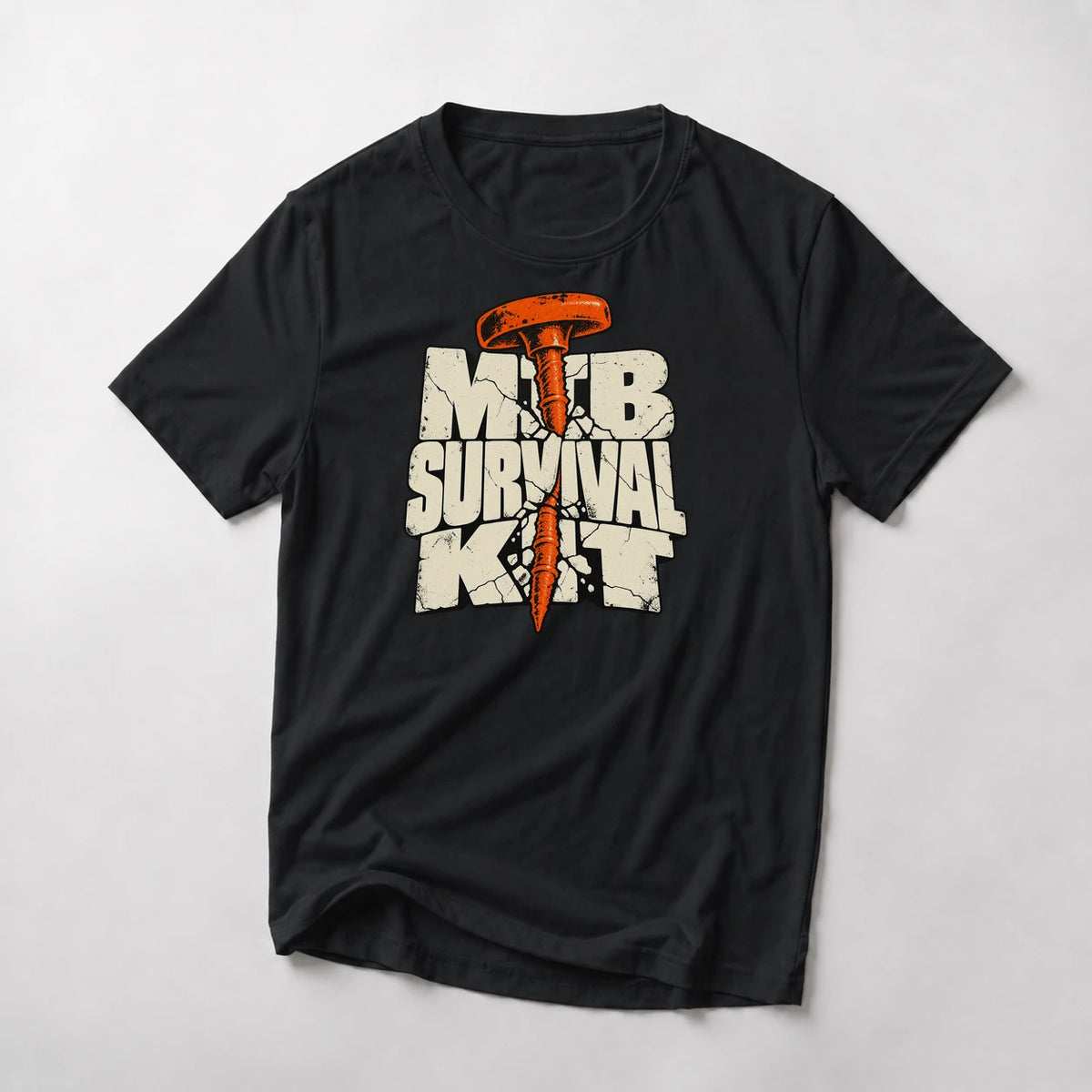 MTB Survival Kit funny mountain bike t-shirt in Black — orange tubeless tire plug driven through cracked MTB Survival Kit letters