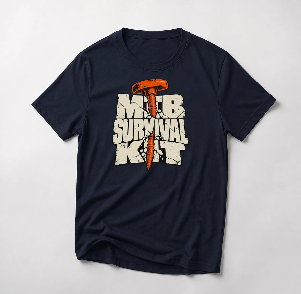 MTB Survival Kit funny mountain bike t-shirt in Navy — orange tubeless tire plug driven through cracked MTB Survival Kit letters