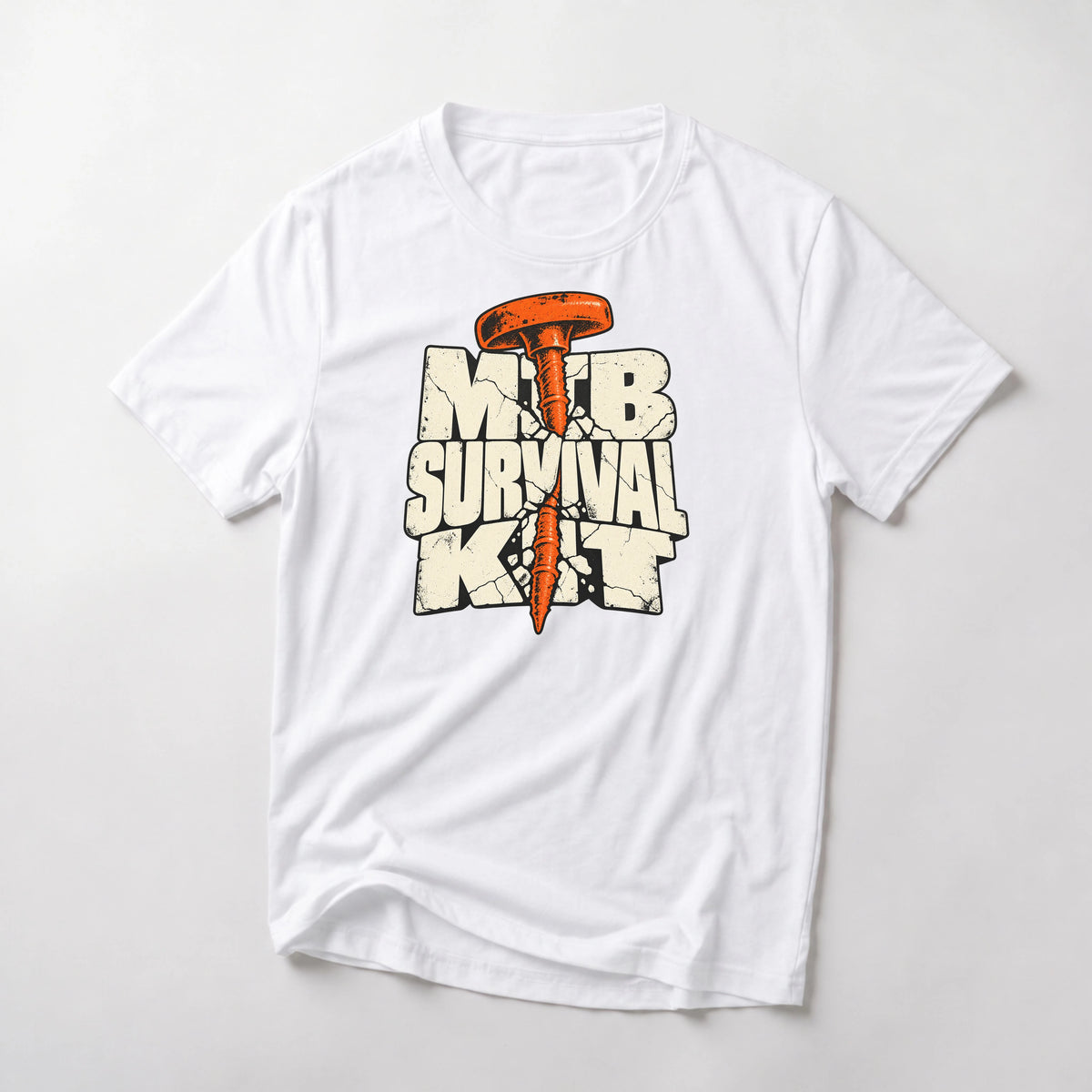 MTB Survival Kit funny mountain bike t-shirt in White — orange tubeless tire plug driven through cracked MTB Survival Kit letters