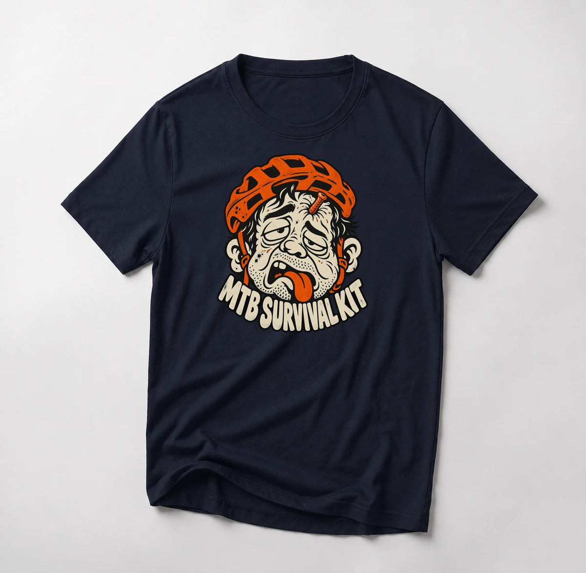 MTB Survival Kit funny mountain bike t-shirt in Navy — deflating cartoon mountain biker face with a tire plug in the forehead above MTB Survival Kit