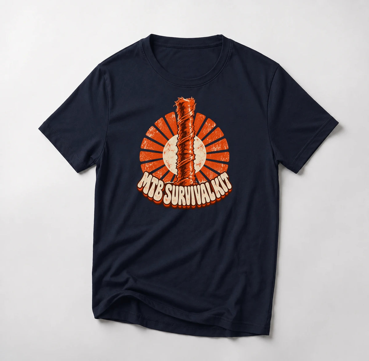 MTB Survival Kit funny mountain bike t-shirt in Navy — orange tubeless tire plug standing upright in a retro sunburst above MTB Survival Kit