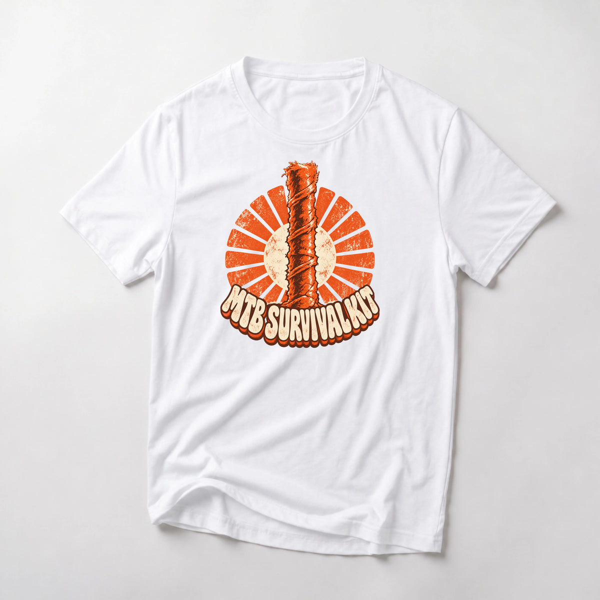 MTB Survival Kit funny mountain bike t-shirt in White — orange tubeless tire plug standing upright in a retro sunburst above MTB Survival Kit