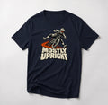 Mostly Upright funny mountain bike t-shirt in Navy — mountain biker leaning mid-save with front wheel washing out above Mostly Upright