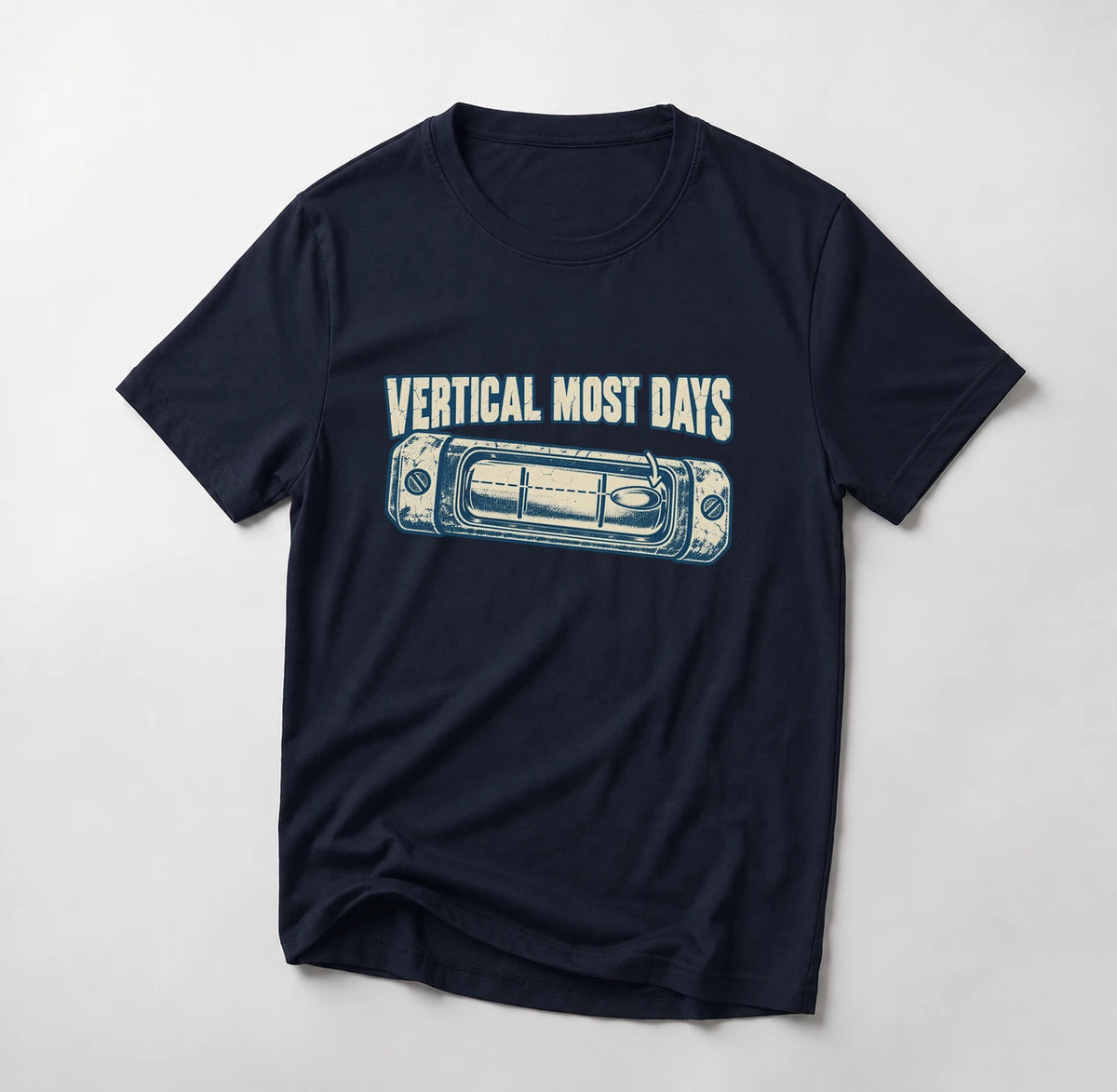 Vertical Most Days funny mountain bike t-shirt in Navy — spirit level with the bubble pushed off center under Vertical Most Days