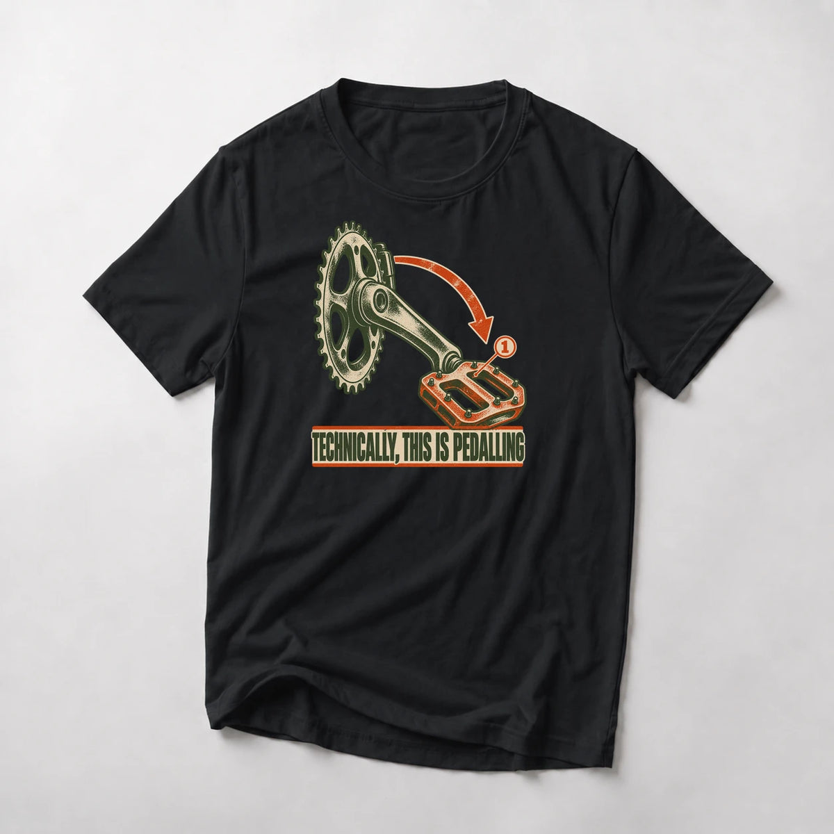 Technically, This Is Pedalling funny mountain bike t-shirt in Black — technical diagram of a crank arm and pedal with an arrow above Technically This Is Pedalling