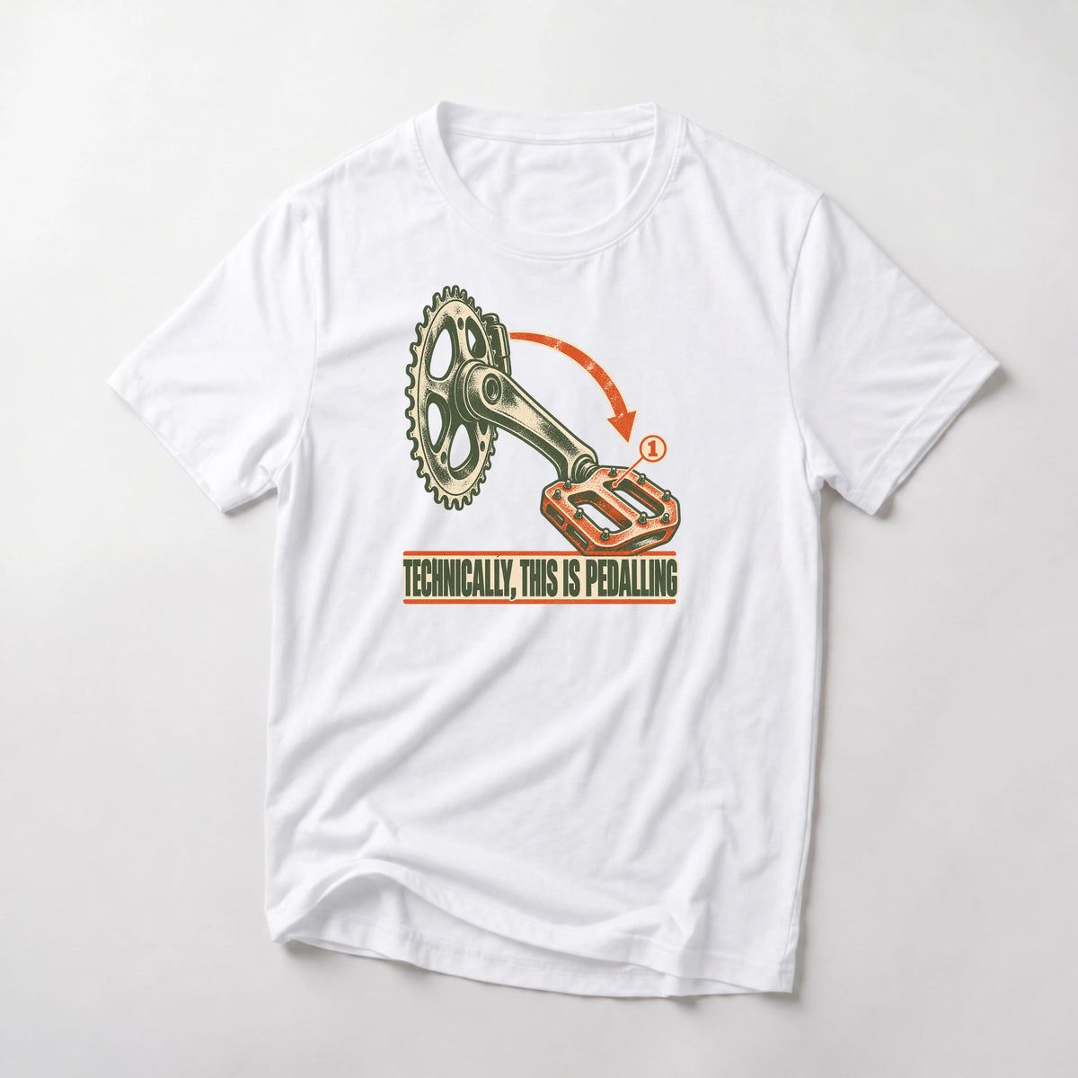 Technically, This Is Pedalling funny mountain bike t-shirt in White — technical diagram of a crank arm and pedal with an arrow above Technically This Is Pedalling
