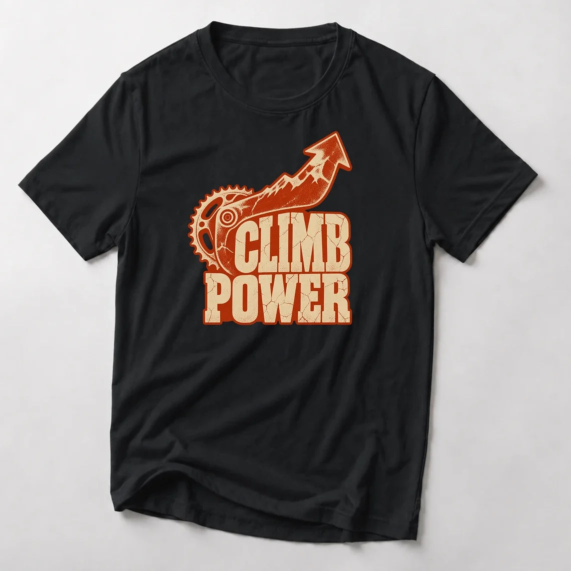 Climb Power funny mountain bike t-shirt in Black — chainring and mountain arrow pointing up above Climb Power lettering
