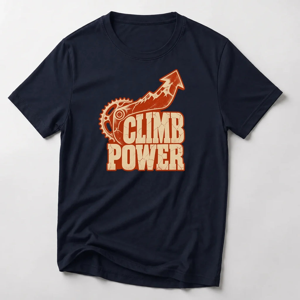 Climb Power funny mountain bike t-shirt in Navy — chainring and mountain arrow pointing up above Climb Power lettering