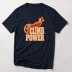 Climb Power funny mountain bike t-shirt in Navy — chainring and mountain arrow pointing up above Climb Power lettering