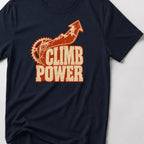 Climb Power funny mountain bike t-shirt in Navy — chainring and mountain arrow pointing up above Climb Power lettering — close-up of the print