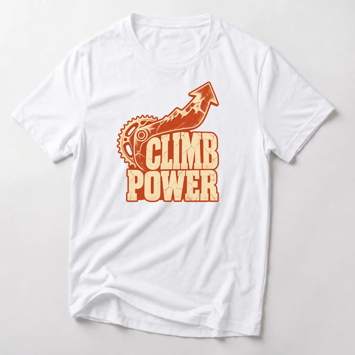 Climb Power funny mountain bike t-shirt in White — chainring and mountain arrow pointing up above Climb Power lettering