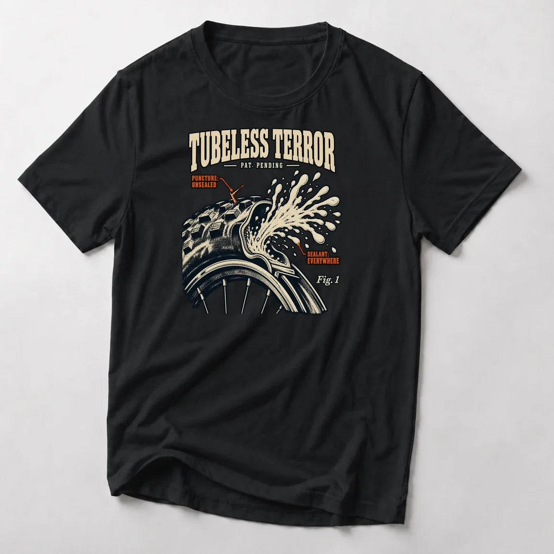 Tubeless Terror funny mountain bike t-shirt in Black — vintage patent drawing of a tubeless tire spraying sealant, labelled Fig. 1