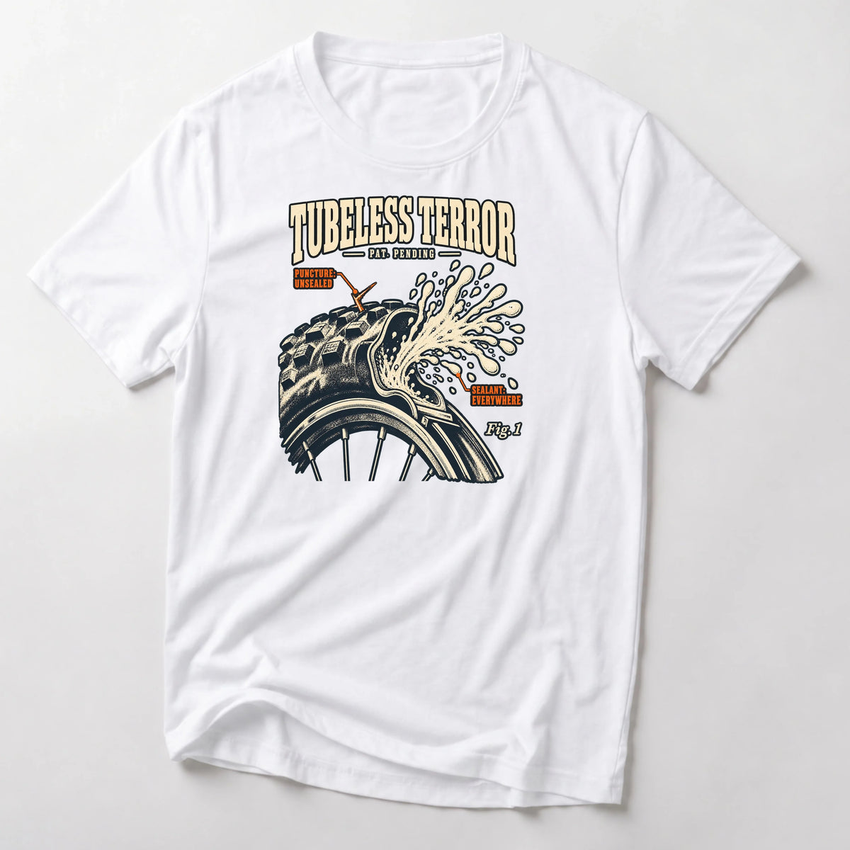 Tubeless Terror funny mountain bike t-shirt in White — vintage patent drawing of a tubeless tire spraying sealant, labelled Fig. 1