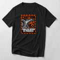 Caution Tubeless Repair In Progress funny mountain bike t-shirt in Black — orange hazard sign with a tire spraying sealant at a crouching rider