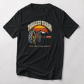 Tubeless Terror A Trail-Side View retro mountain bike t-shirt in Black — 70s sunset over mountains with an exploded view of a leaking tubeless tire, rim and valve
