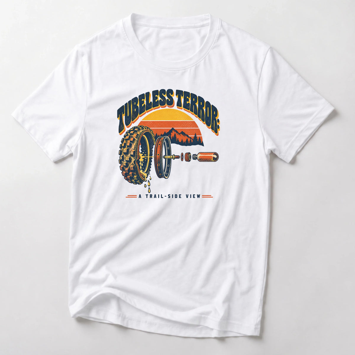 Tubeless Terror A Trail-Side View retro mountain bike t-shirt in White — 70s sunset over mountains with an exploded view of a leaking tubeless tire, rim and valve