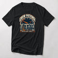 Crew Patience funny mountain bike t-shirt in Black — fuel gauge on empty above a leaking tire and three riders waiting with arms crossed, Tubeless Repair Minute 11