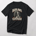 Sealant Everywhere Except The Puncture funny mountain bike t-shirt in Black — woodcut tire spraying sealant over a pair of riding shoes