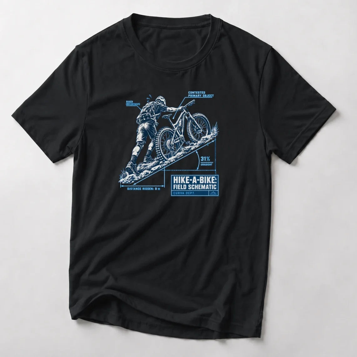 Hike-A-Bike Field Schematic funny mountain bike t-shirt in Black — blueprint diagram of a rider pushing a bike up a 31% gradient, distance ridden 0 m