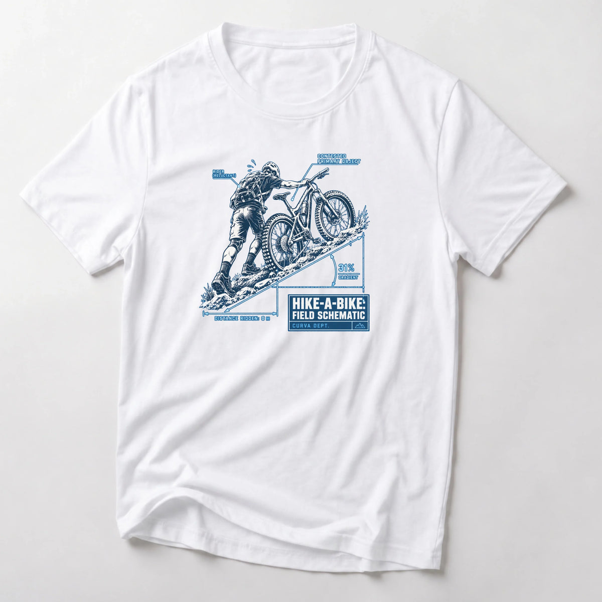 Hike-A-Bike Field Schematic funny mountain bike t-shirt in White — blueprint diagram of a rider pushing a bike up a 31% gradient, distance ridden 0 m