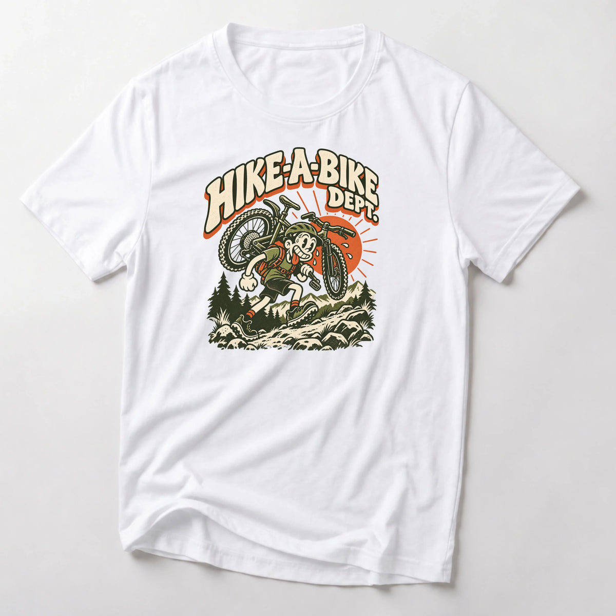 Hike-A-Bike Dept. retro cartoon mountain bike t-shirt in White — rubber-hose rider carrying a bike on the shoulders up a rocky trail under an orange sun