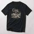 Fig. 7 Hike-A-Bike vintage mountain bike t-shirt in Black — fine-line engraving of a rider carrying a bike up a rocky alpine trail