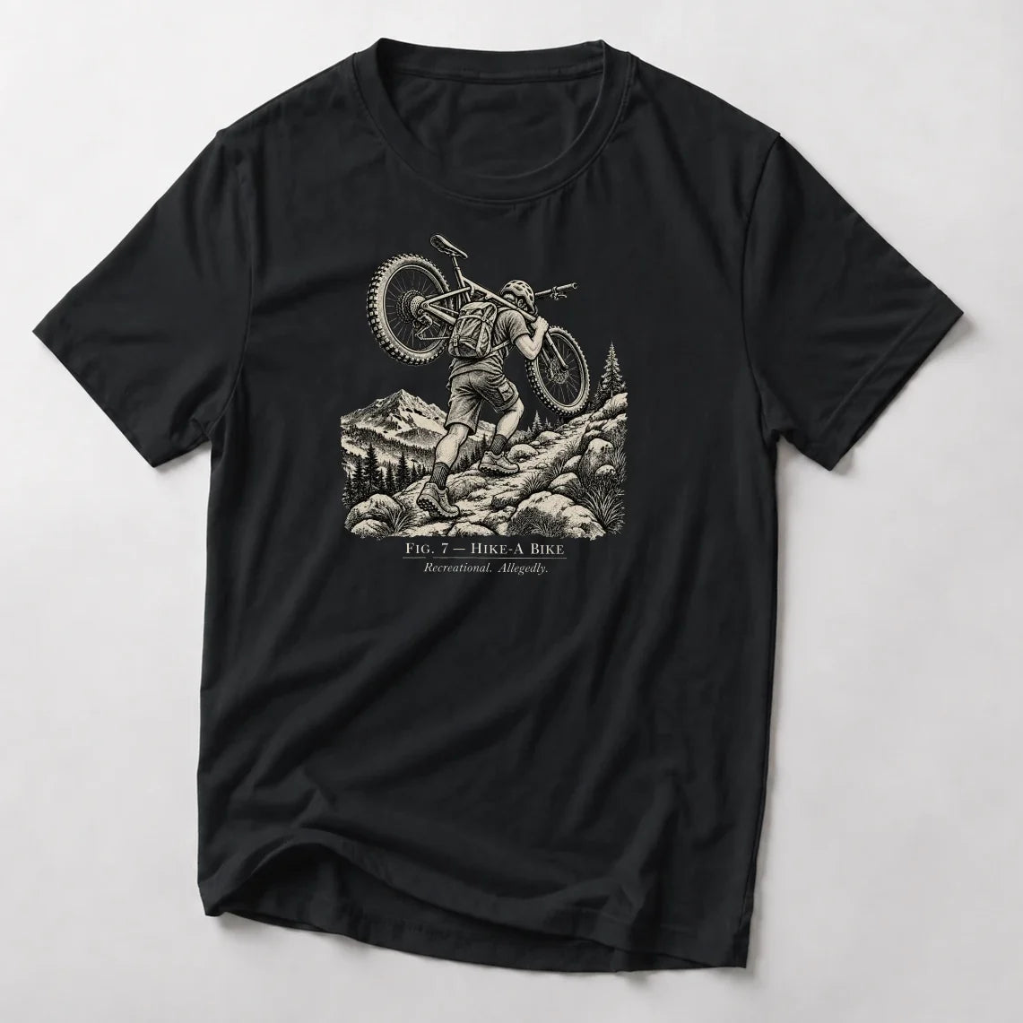 Fig. 7 Hike-A-Bike vintage mountain bike t-shirt in Black — fine-line engraving of a rider carrying a bike up a rocky alpine trail
